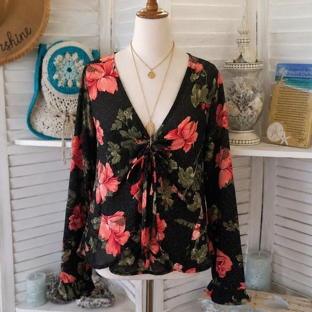 Rose & Berry Floral Tie Front V Neck Top Black Coral SZ S NWT Blouse Long Sleeve